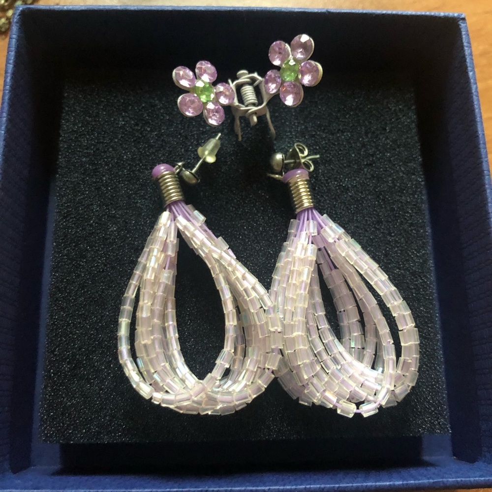 Vintage Purple Stone Sparkly Earrings with Mini Flower Hair Clip 💜